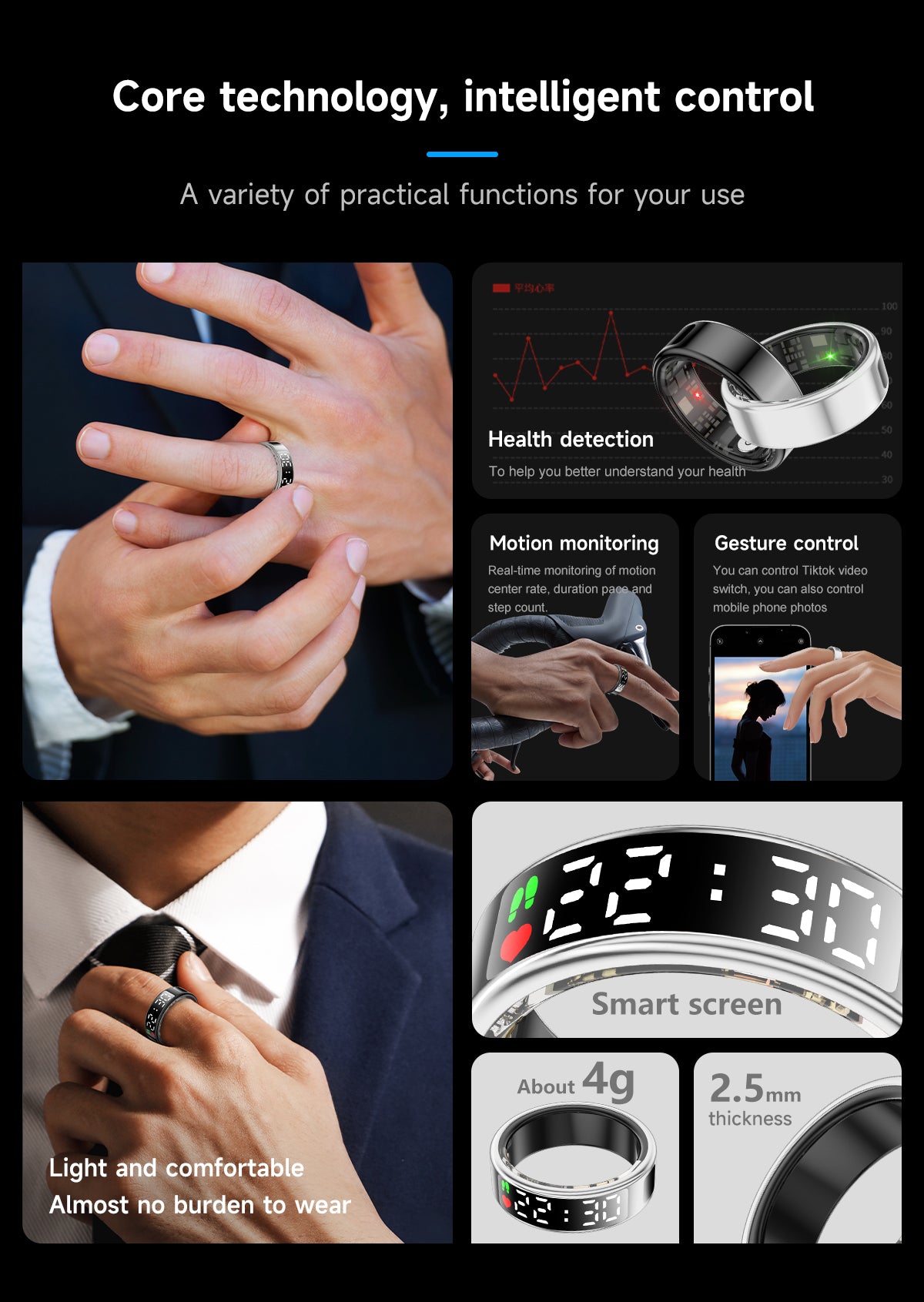 SOODDS Smart Ring 3 with Display Screen Heart Rate Blood Oxygen Sleep Monitor